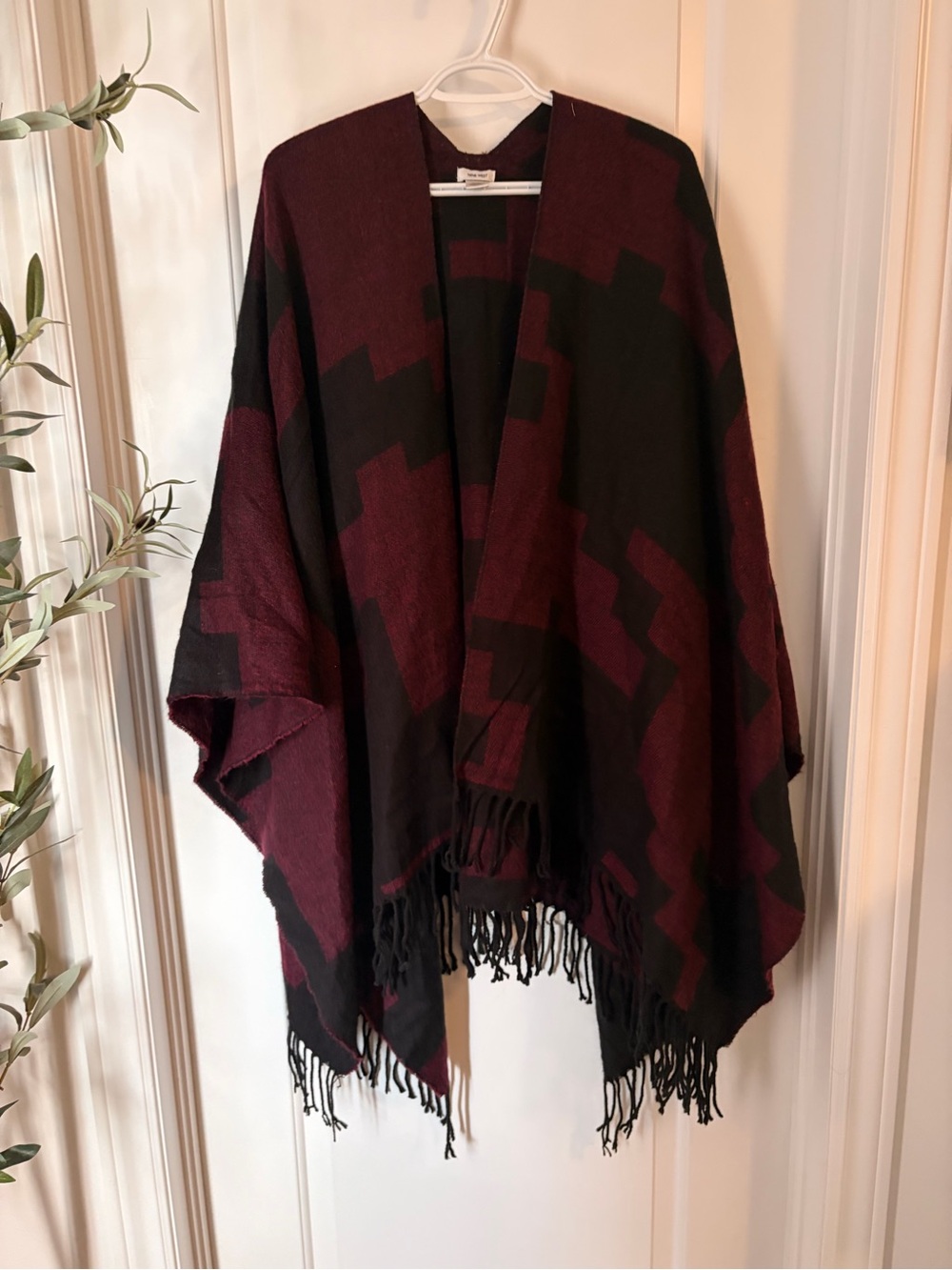 Burgundy & Black Fringe Geometric Poncho